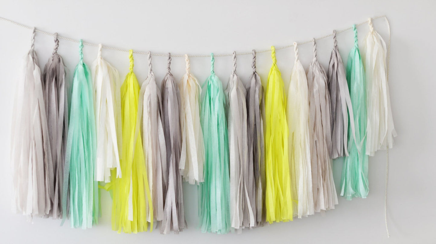 Mint, Grey & Yellow Tissue Paper Tassel Garland: Party Decor