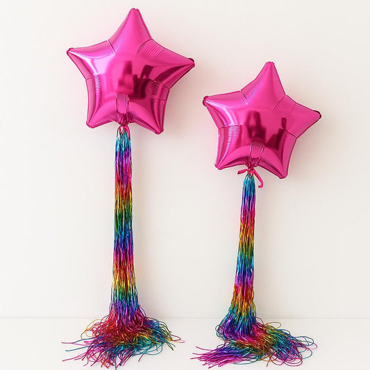 Rainbow Balloon Tail Tassel Garland, Handmade Shimmer Mylar Fringe Decor, Reusable Birthday Party