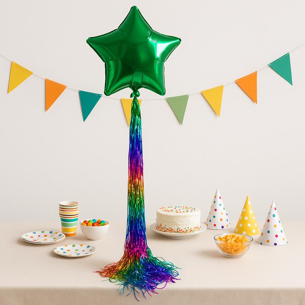 Rainbow Balloon Tail Tassel Garland, Handmade Shimmer Mylar Fringe Decor, Reusable Birthday Party