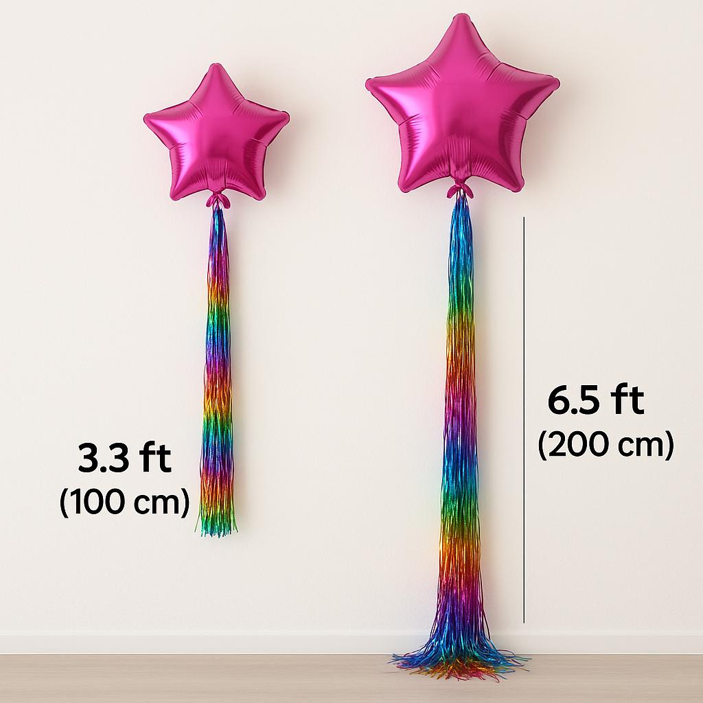 Rainbow Balloon Tail Tassel Garland, Handmade Shimmer Mylar Fringe Decor, Reusable Birthday Party