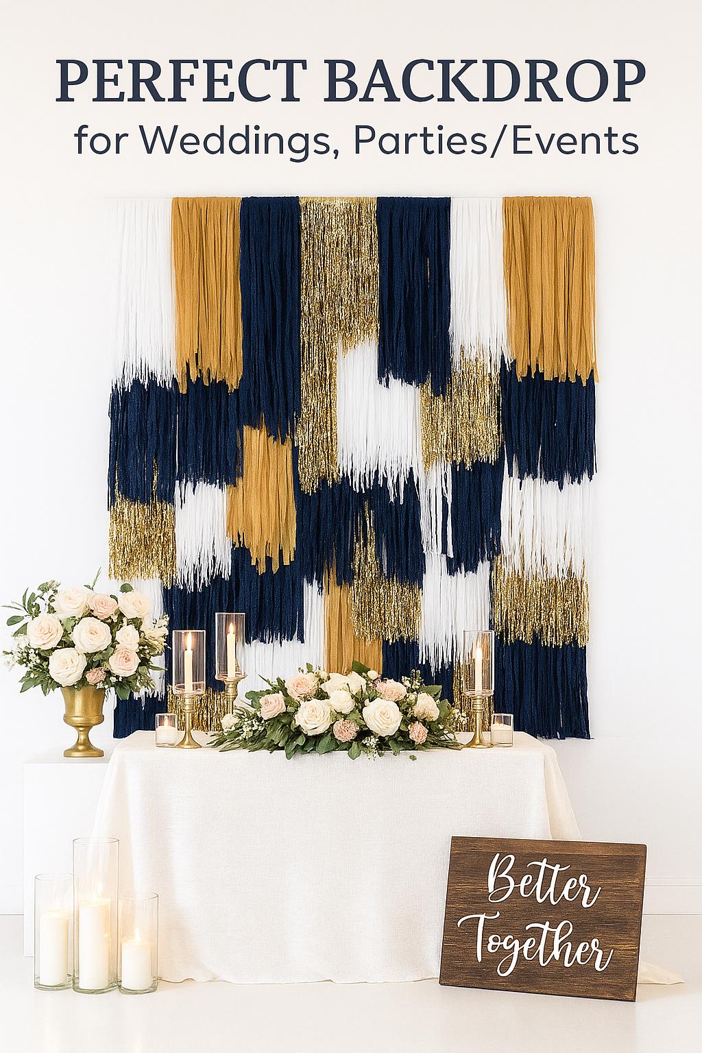 Navy, White, and Gold Fringe Backdrop, Handmade Party Decor, Wedding