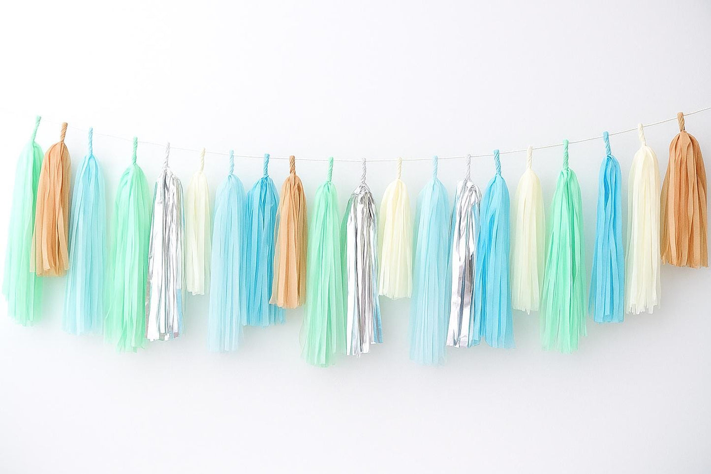 Blue, Ivory & Gold Tissue Paper Tassel Garland: Assembled Party Decor