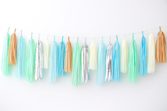 Blue, Ivory & Gold Tissue Paper Tassel Garland: Assembled Party Decor