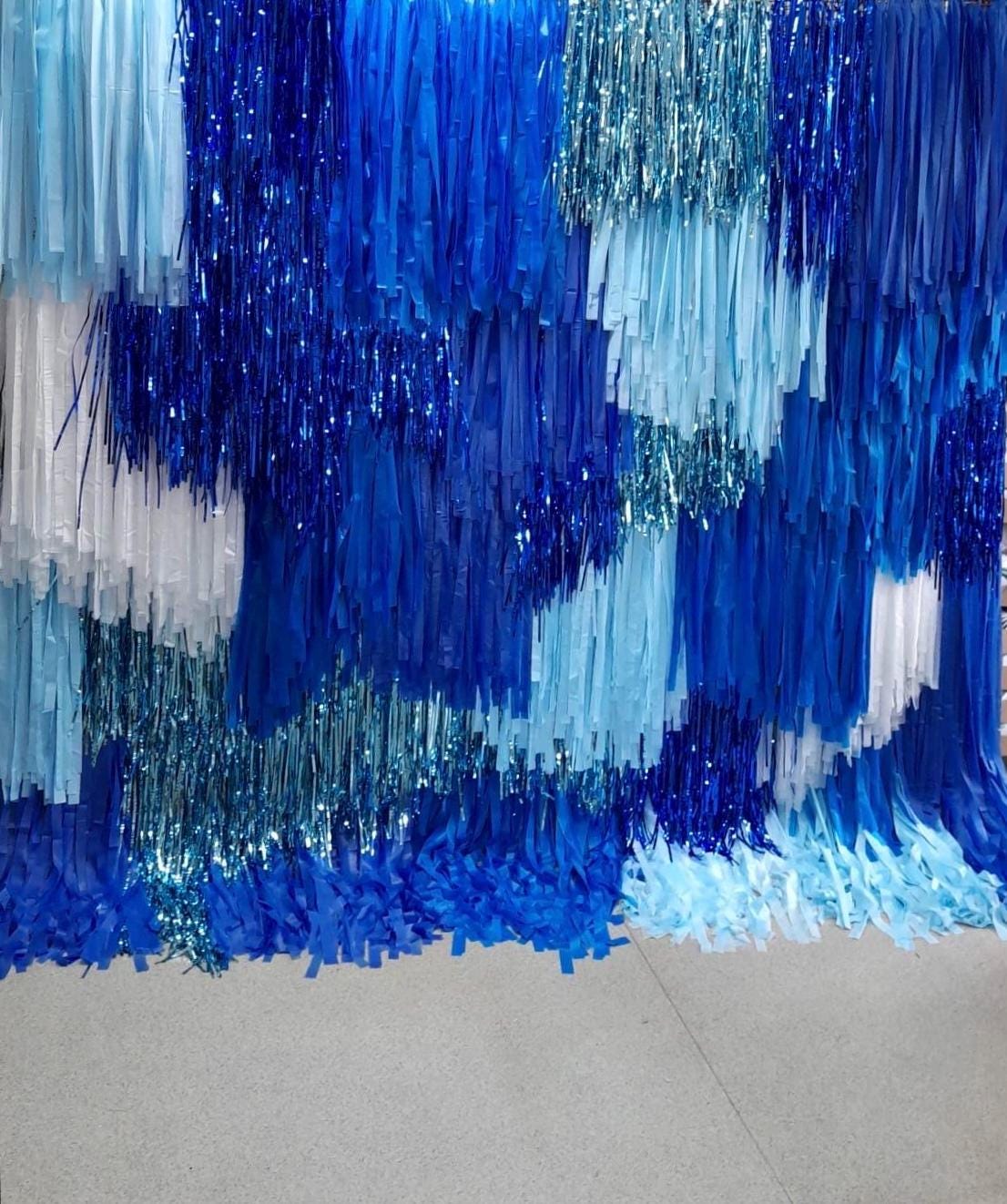 Handmade Blue Fringe Streamer Backdrop – Shimmery Party Decoration
