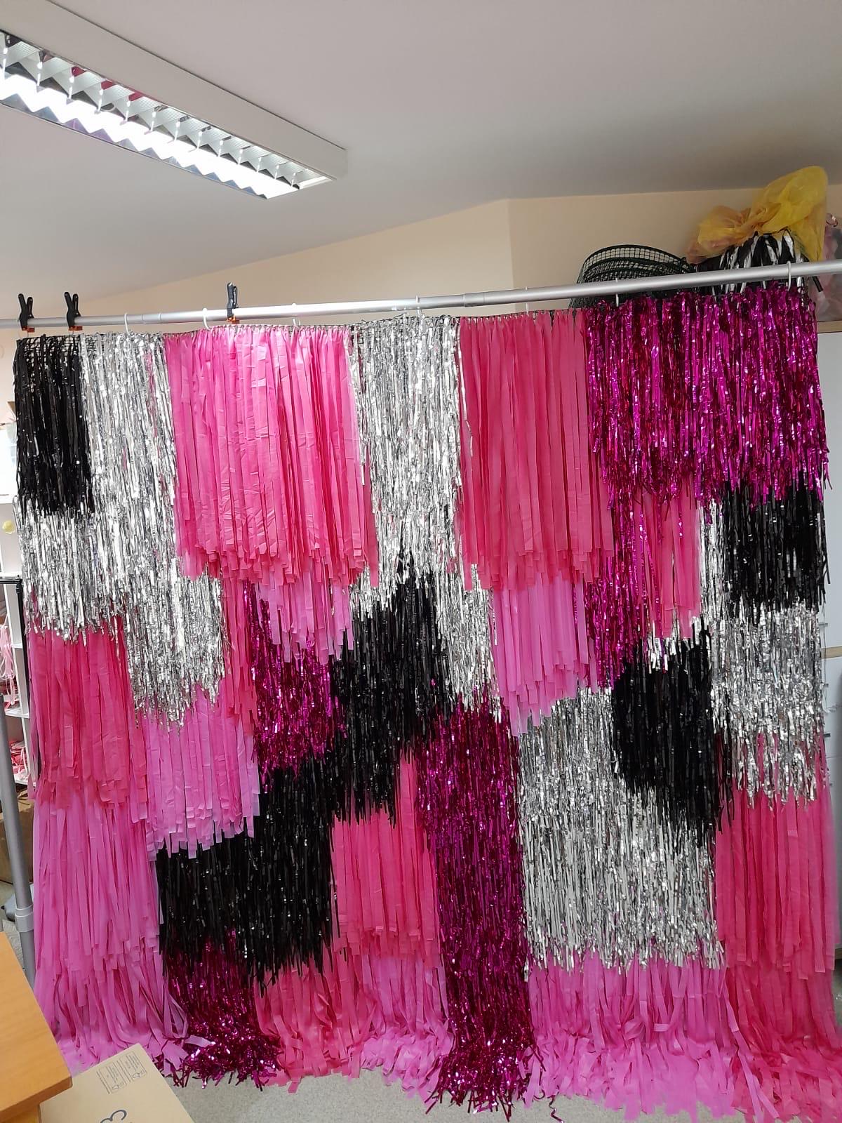 Hot Pink Fringe Backdrop: Black & Silver Streamer Wall Decoration, Baby Shower, Wedding