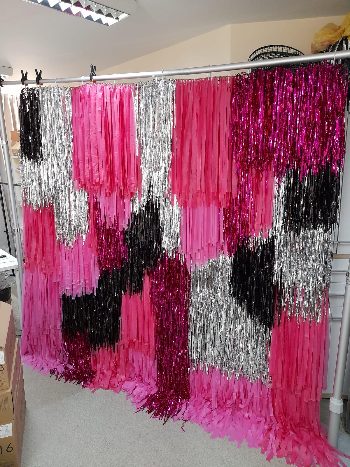 Hot Pink Fringe Backdrop: Black & Silver Streamer Wall Decoration, Baby Shower, Wedding