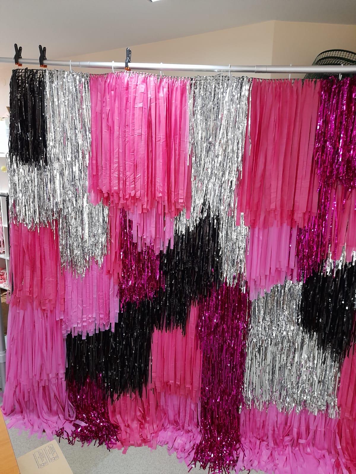 Hot Pink Fringe Backdrop: Black & Silver Streamer Wall Decoration, Baby Shower, Wedding