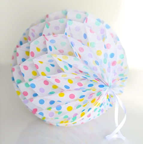 Polka dot pom poms | Paper honeycomb ball | Birthday party decorations | Hanging pom poms | Nursery decor