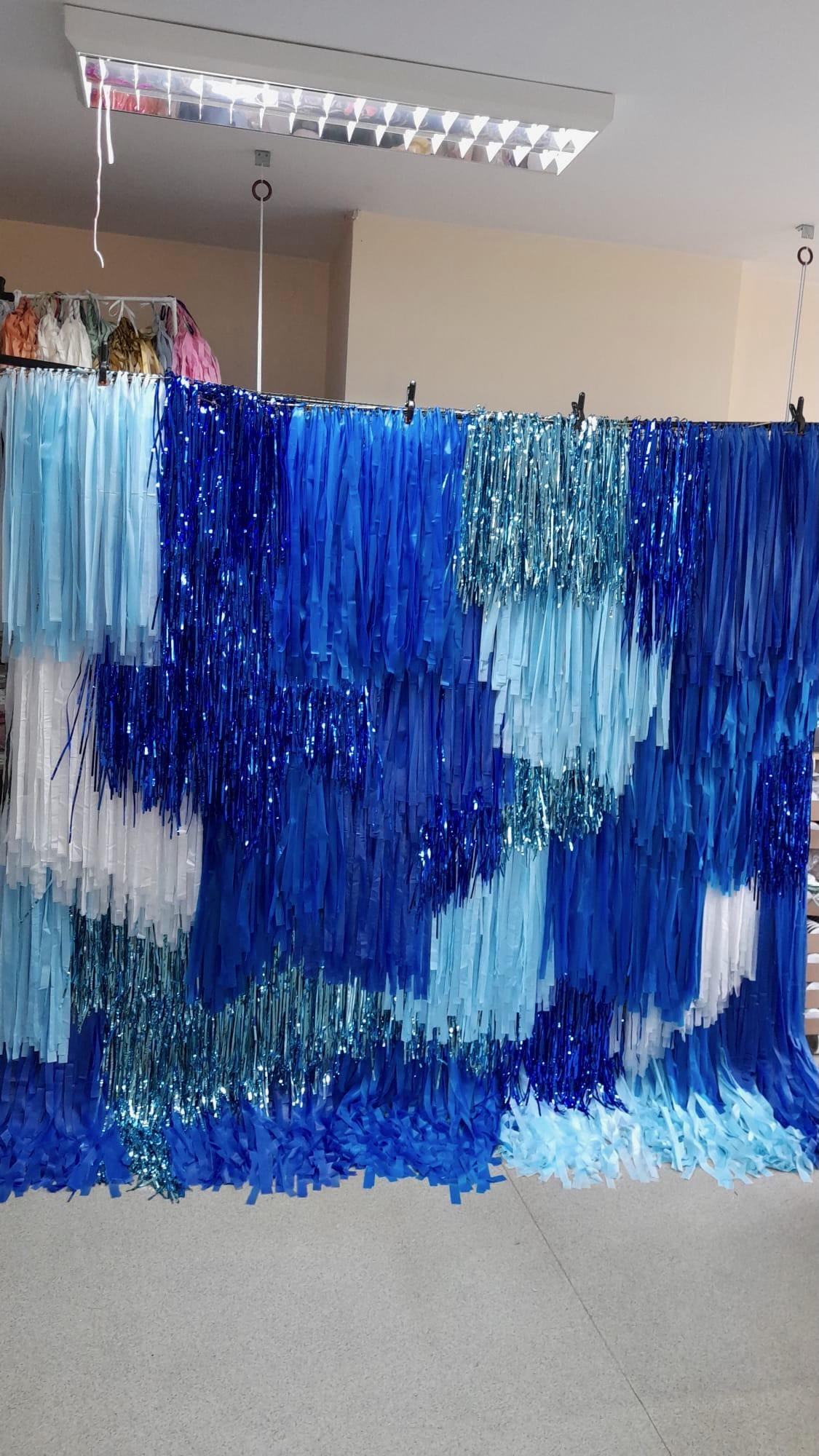 Handmade Blue Fringe Streamer Backdrop – Shimmery Party Decoration
