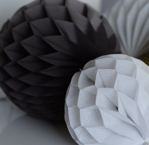 Grey tissue paper pom poms | Paper honeycomb balls | Winter party decor