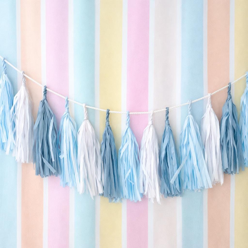 Blue & White Tissue Paper Tassel Garland: Party Decor