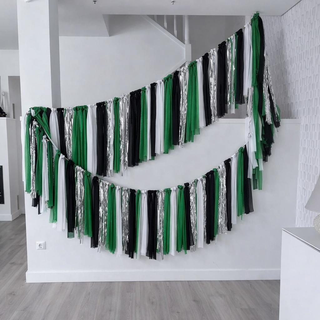 Football Party Fringe Tassel Garland Green Black White Silver Backdrop Banner