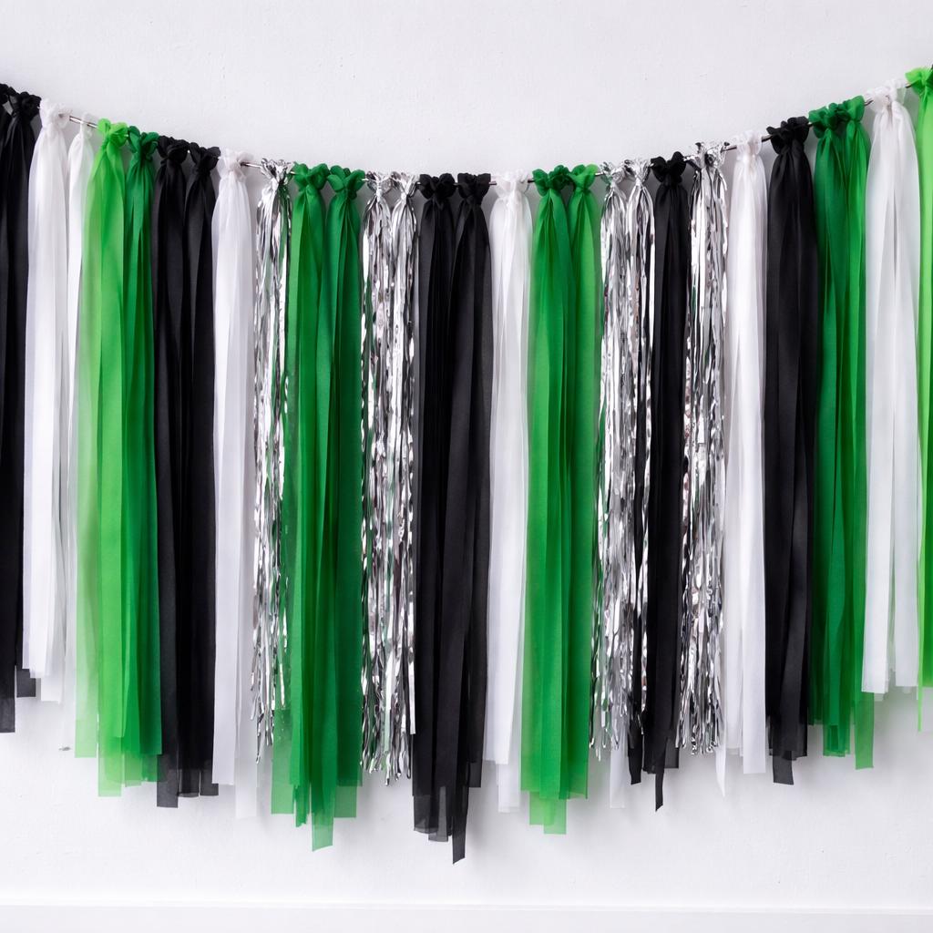 Football Party Fringe Tassel Garland Green Black White Silver Backdrop Banner
