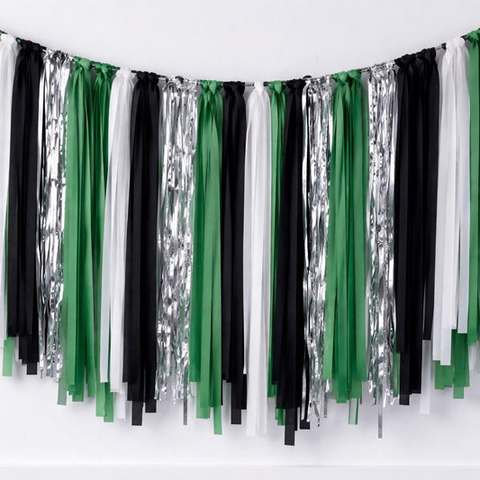 Football Party Fringe Tassel Garland Green Black White Silver Backdrop Banner