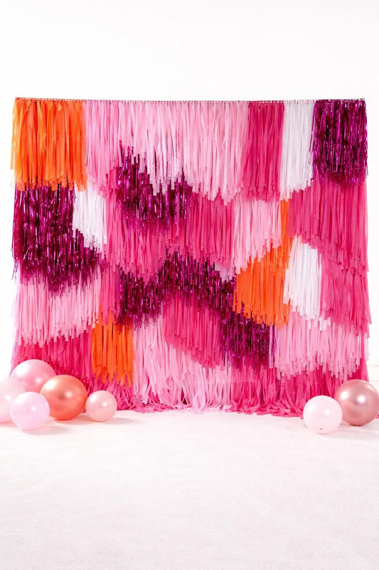 Pink and Orange Color Fringe Backdrop: Reusable Party Photo Wall Decor