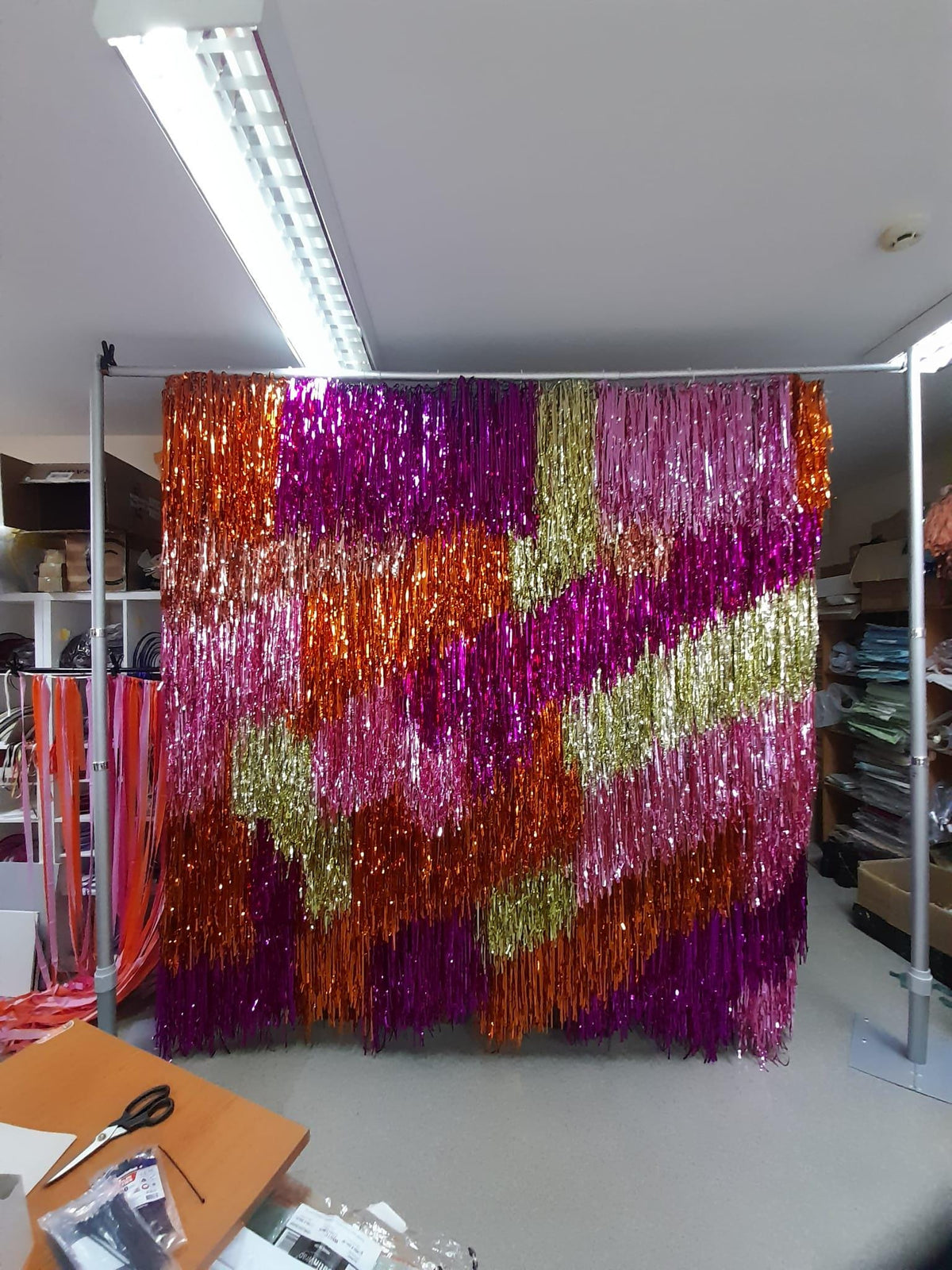 Handmade Hot Pink Orange Gold Fringe Backdrop, Shimmer Tinsel Photo Booth Curtain, Party Decor