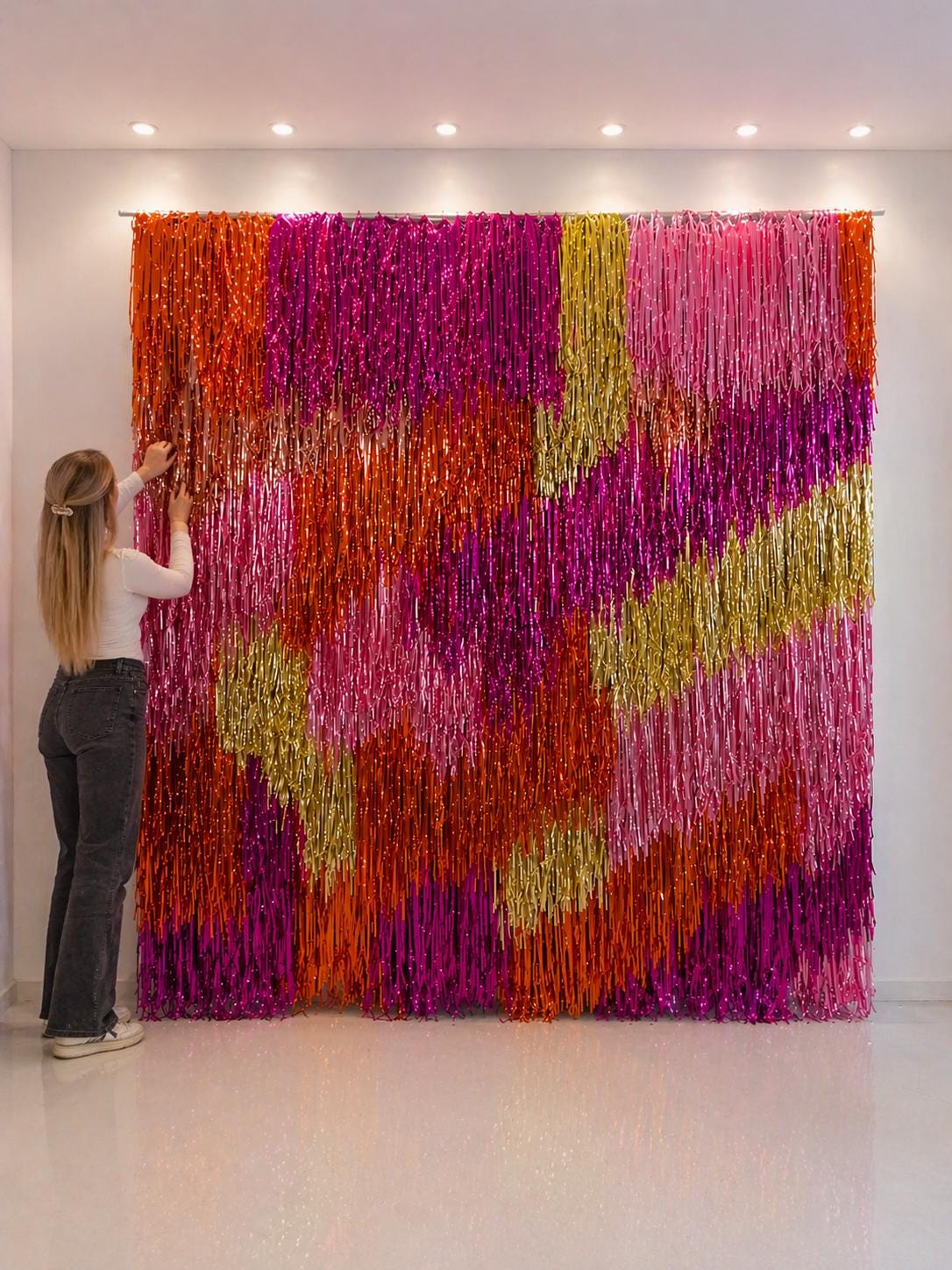 Handmade Hot Pink Orange Gold Fringe Backdrop, Shimmer Tinsel Photo Booth Curtain, Party Decor