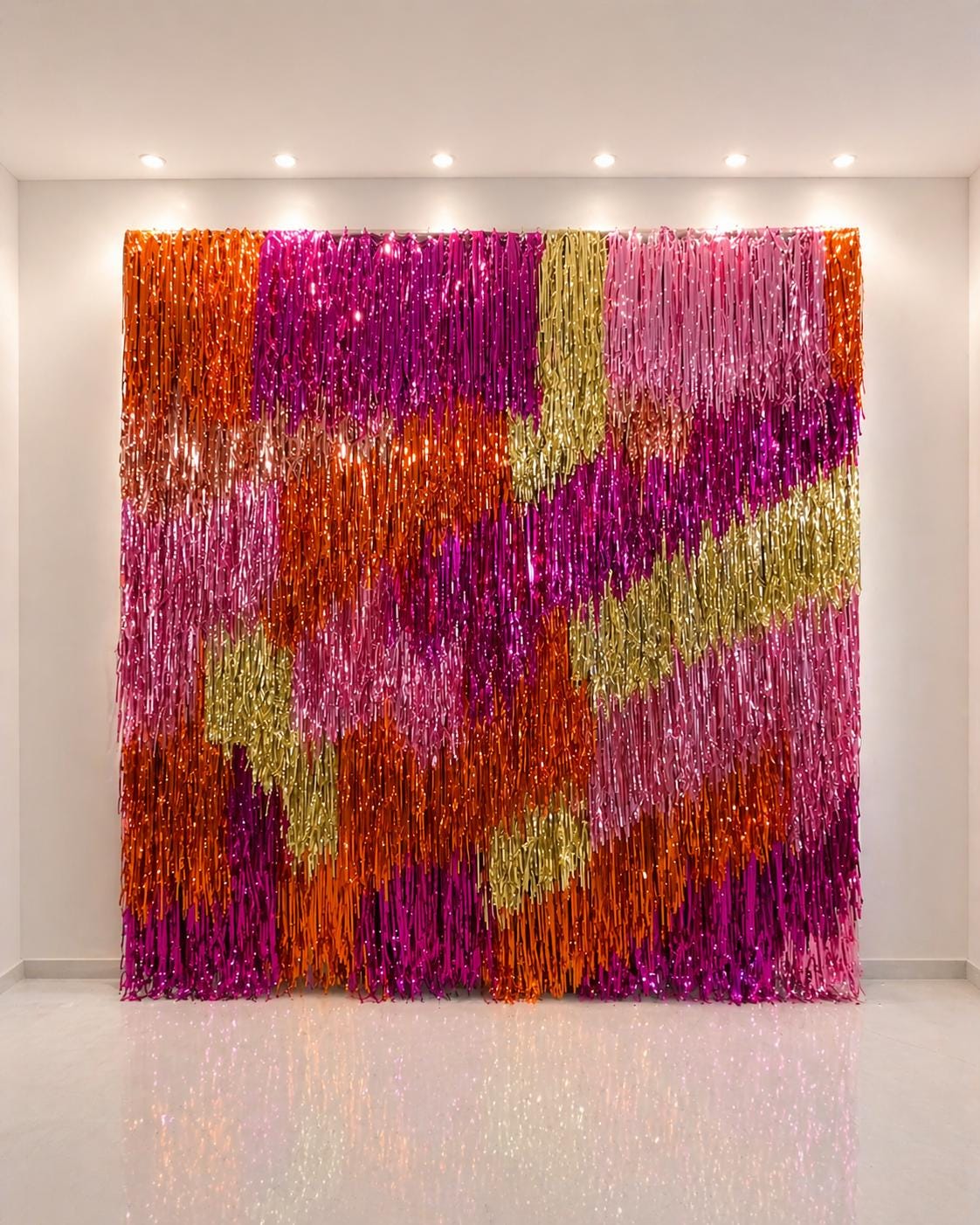 Handmade Hot Pink Orange Gold Fringe Backdrop, Shimmer Tinsel Photo Booth Curtain, Party Decor