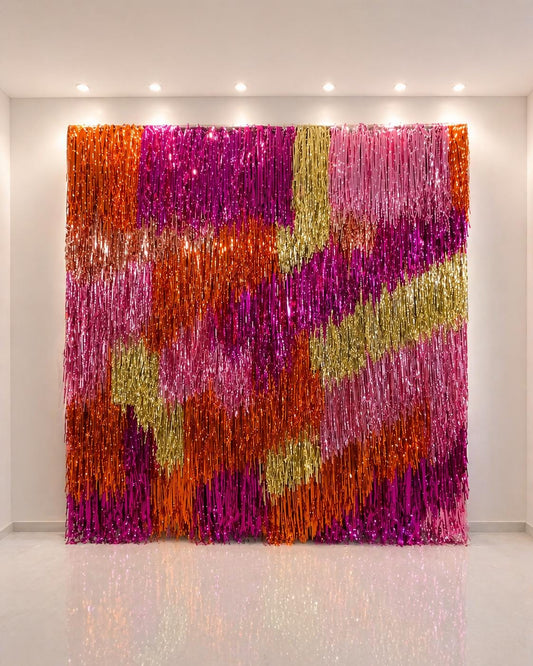 Handmade Hot Pink Orange Gold Fringe Backdrop, Shimmer Tinsel Photo Booth Curtain, Party Decor