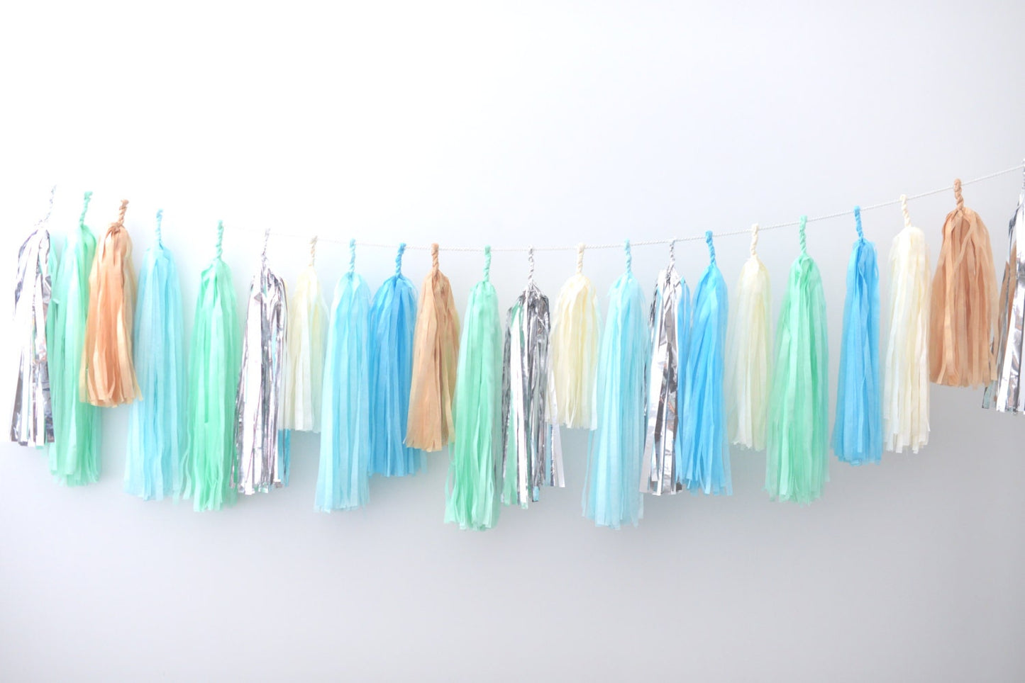 Blue, Ivory & Gold Tissue Paper Tassel Garland: Assembled Party Decor