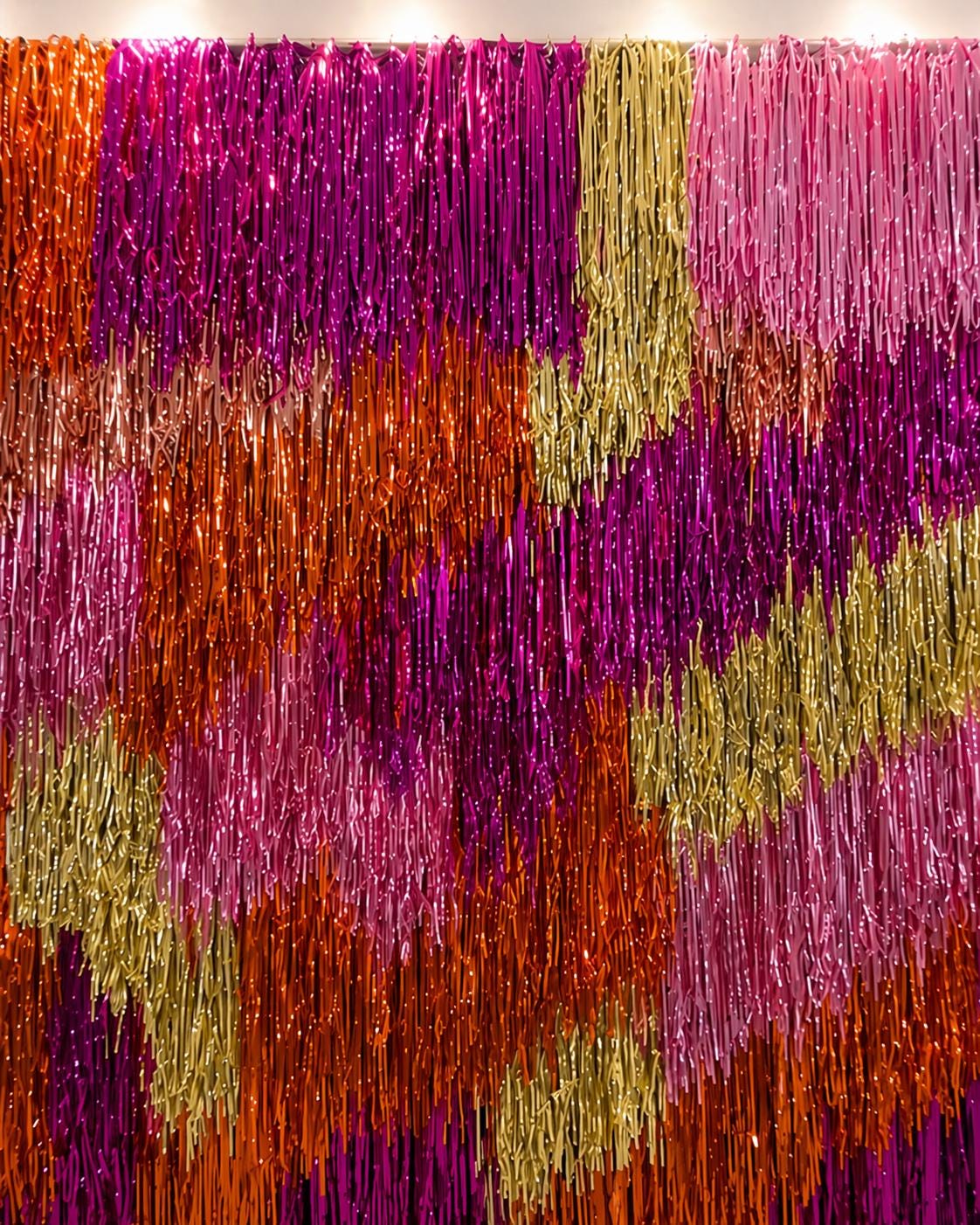 Handmade Hot Pink Orange Gold Fringe Backdrop, Shimmer Tinsel Photo Booth Curtain, Party Decor