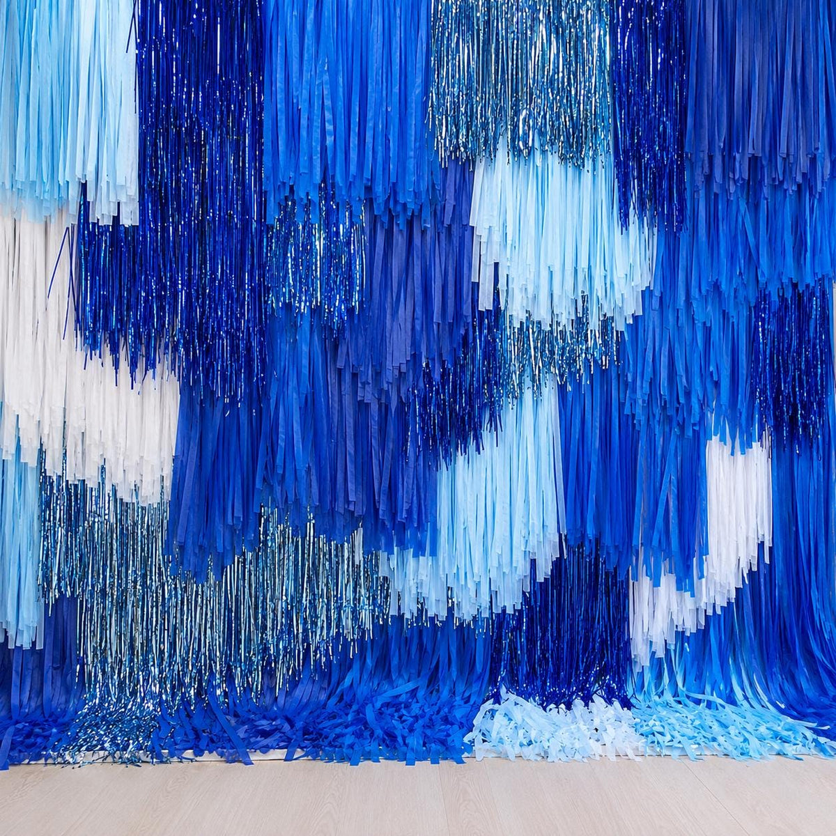 Blue Layered Fringe Backdrop, Shimmer Streamer Wall, Photo Booth Party Decor