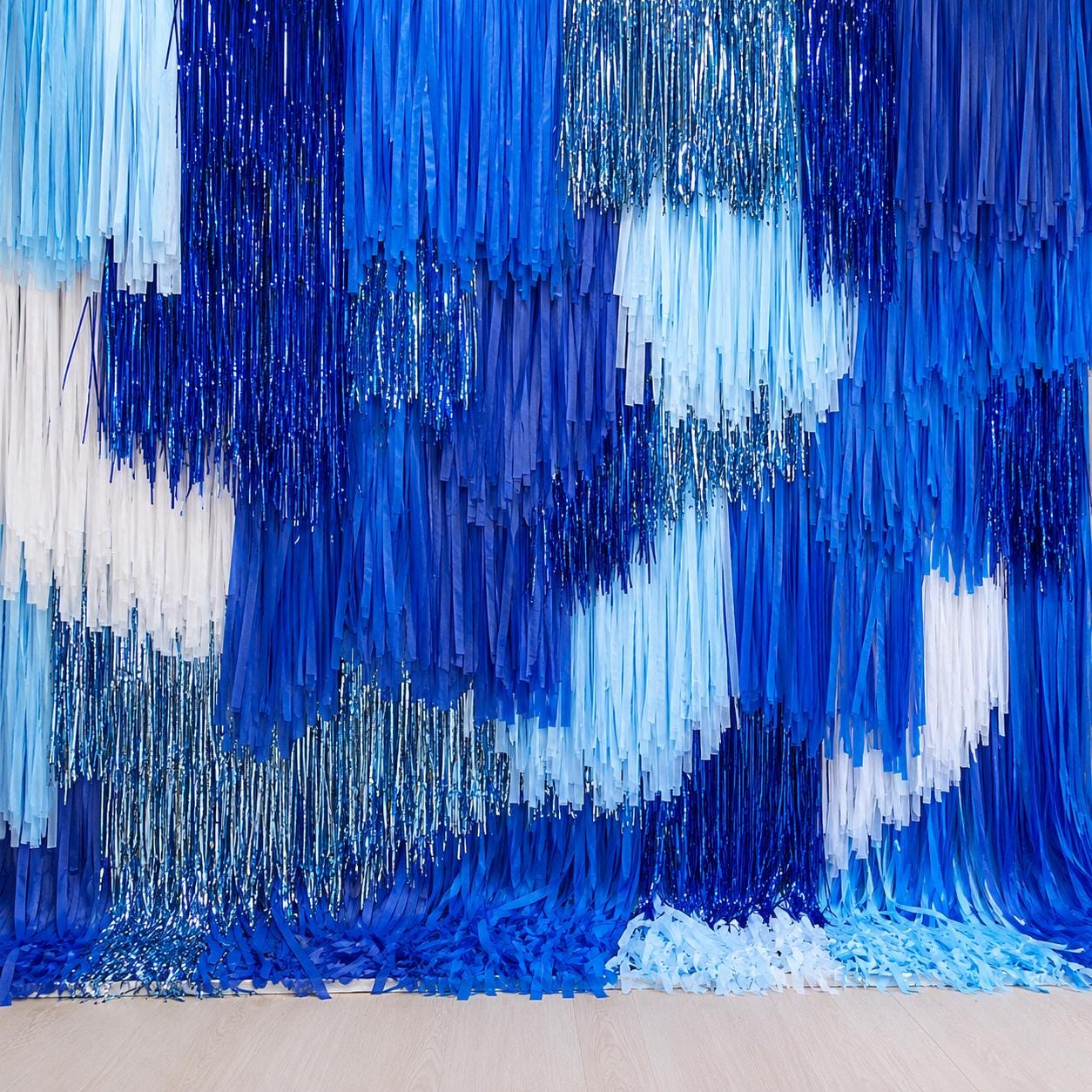 Blue Layered Fringe Backdrop, Shimmer Streamer Wall, Photo Booth Party Decor