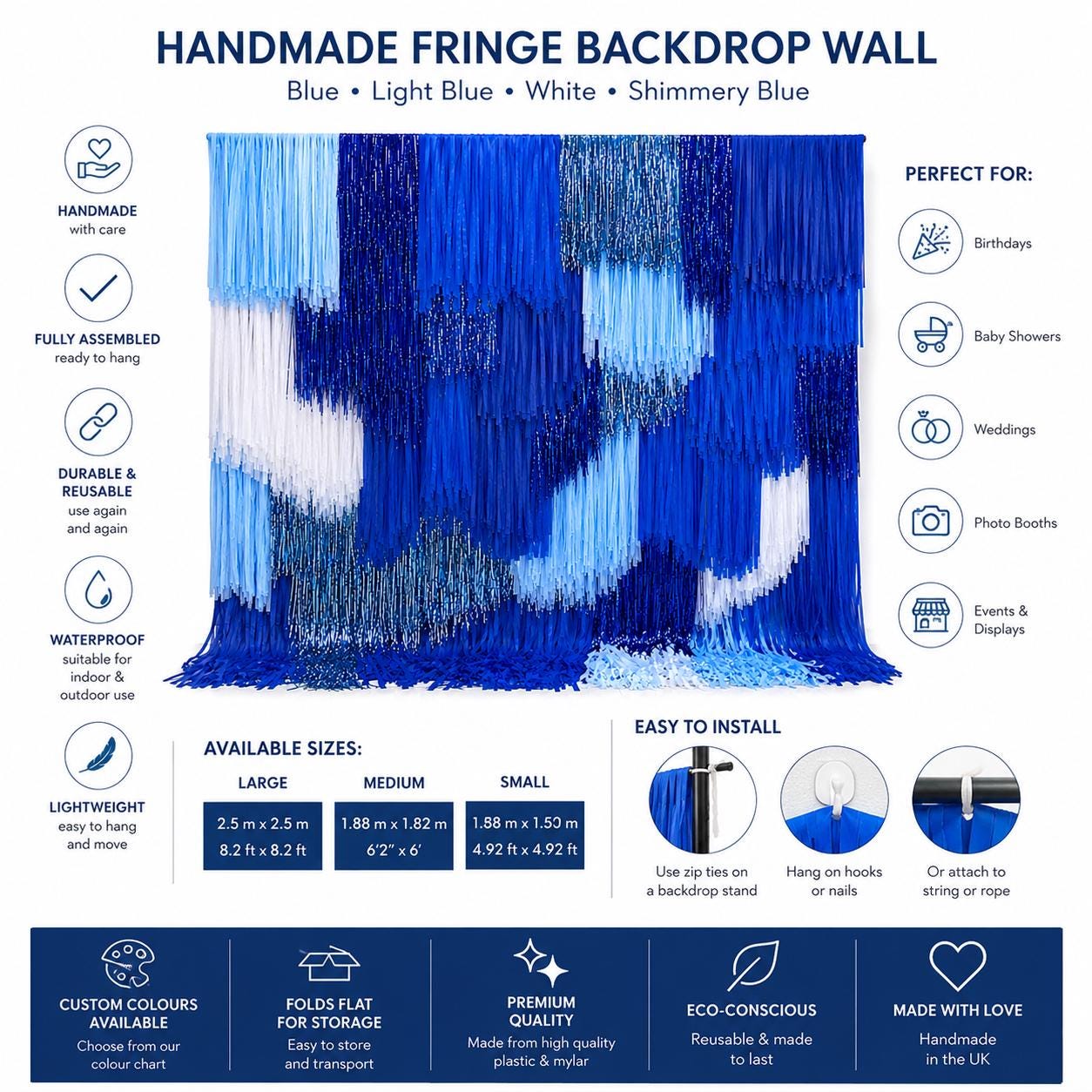 Blue Layered Fringe Backdrop, Shimmer Streamer Wall, Photo Booth Party Decor