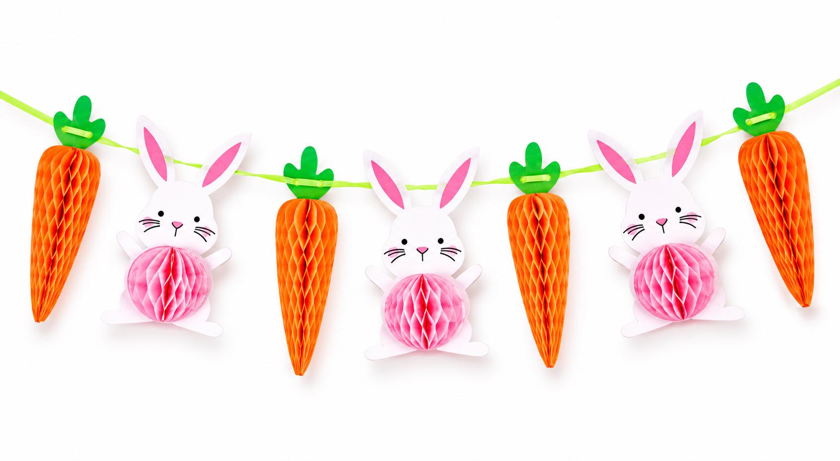 Bunny Carrot Honeycomb Garland, Pastel Spring Easter Birthday Decor