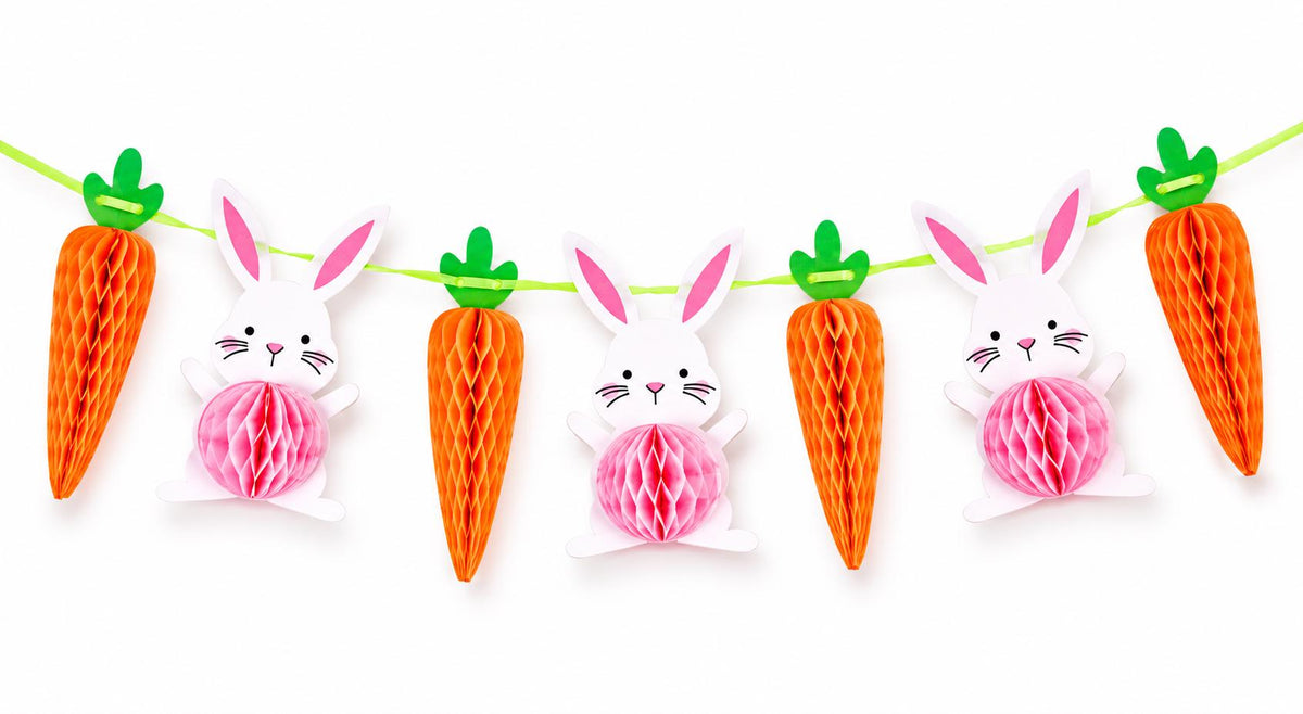 Bunny Carrot Honeycomb Garland, Pastel Spring Easter Birthday Decor