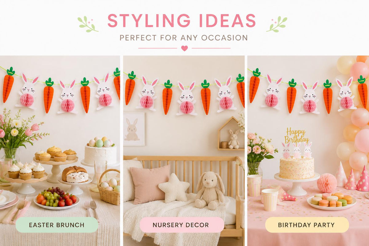 Bunny Carrot Honeycomb Garland, Pastel Spring Easter Birthday Decor