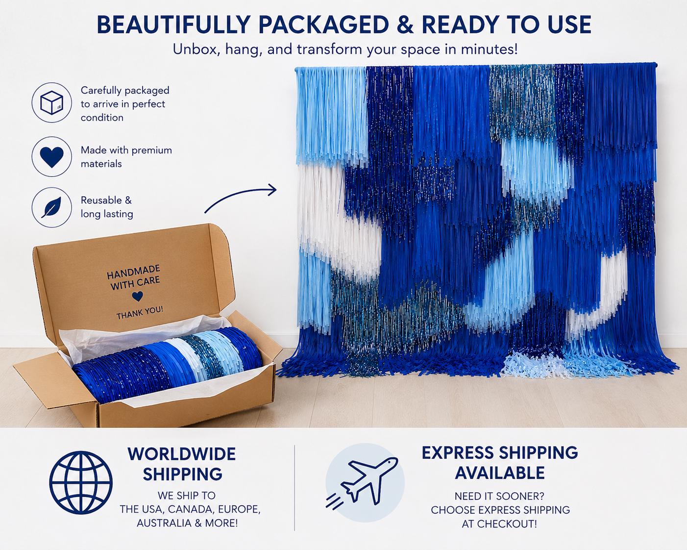 Blue Layered Fringe Backdrop, Shimmer Streamer Wall, Photo Booth Party Decor
