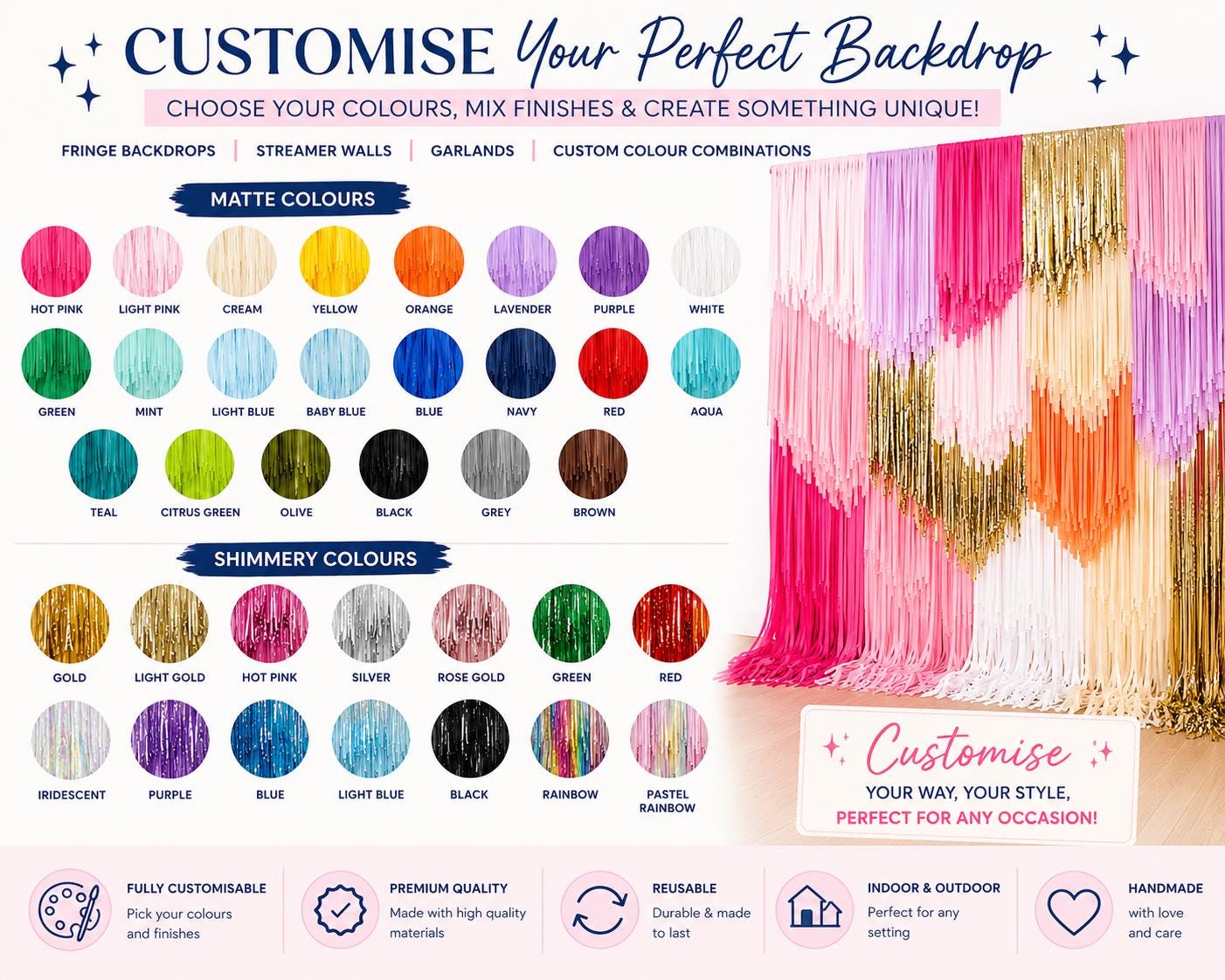 Blue Layered Fringe Backdrop, Shimmer Streamer Wall, Photo Booth Party Decor