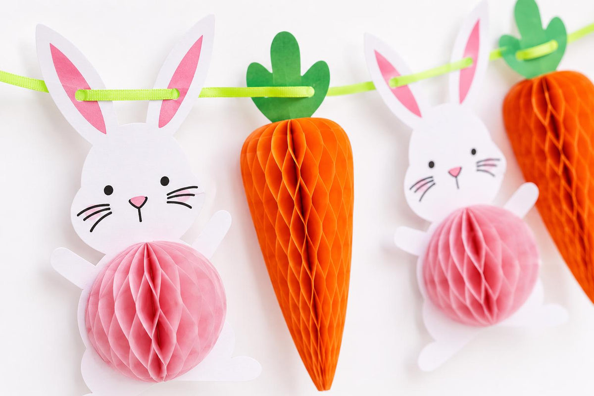 Bunny Carrot Honeycomb Garland, Pastel Spring Easter Birthday Decor