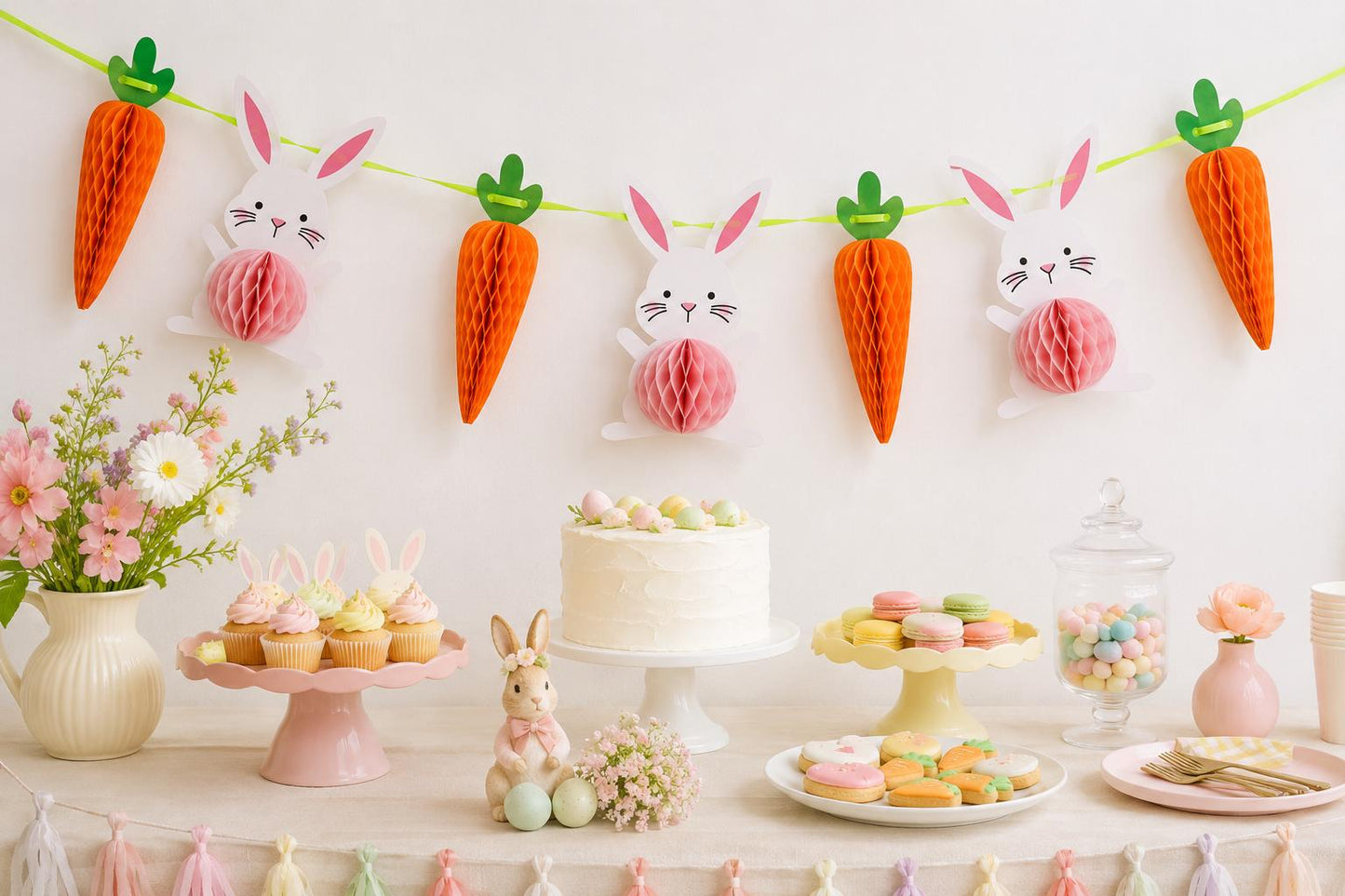 Bunny Carrot Honeycomb Garland, Pastel Spring Easter Birthday Decor