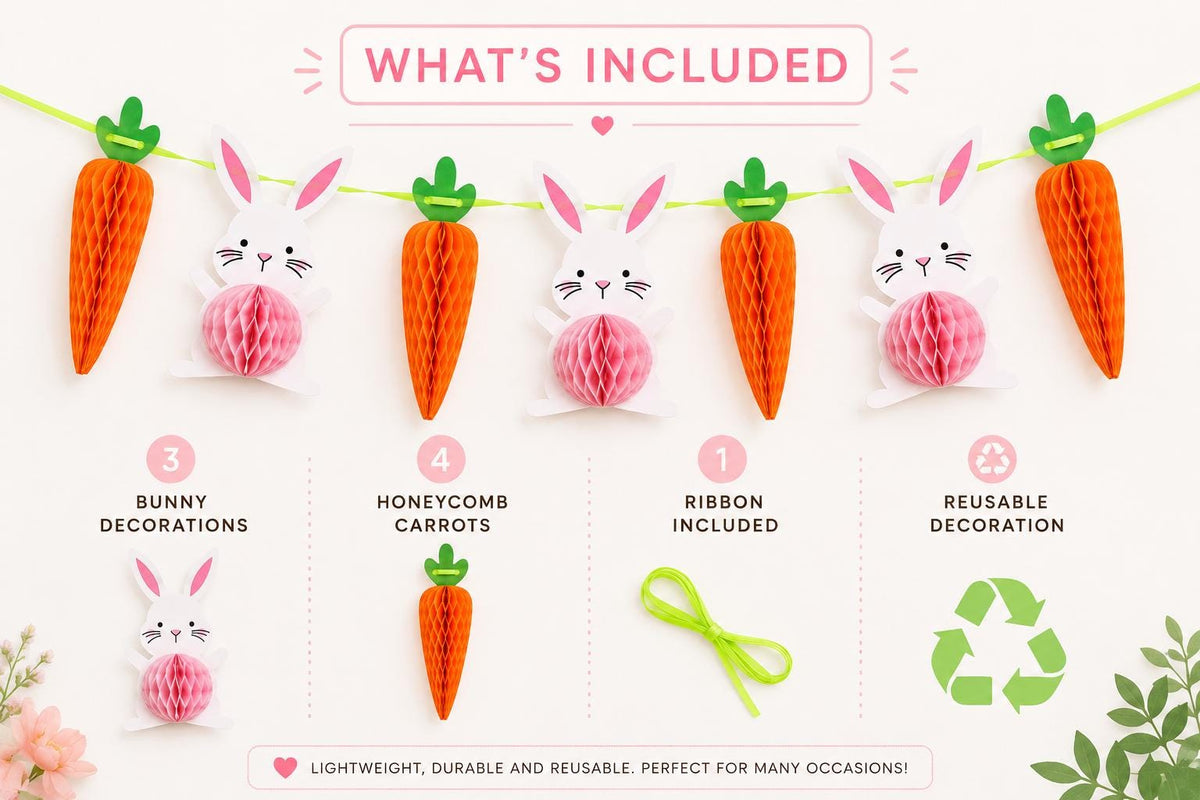 Bunny Carrot Honeycomb Garland, Pastel Spring Easter Birthday Decor
