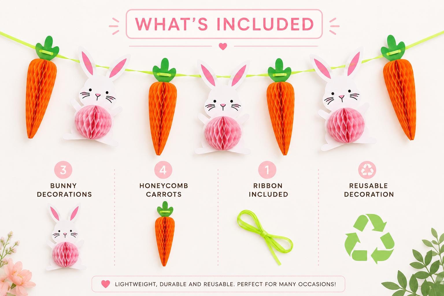 Bunny Carrot Honeycomb Garland, Pastel Spring Easter Birthday Decor