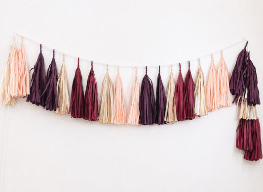 Burgundy Aubergine Tassel Garland, Champagne Dusty Pink Paper Wedding Backdrop Decor
