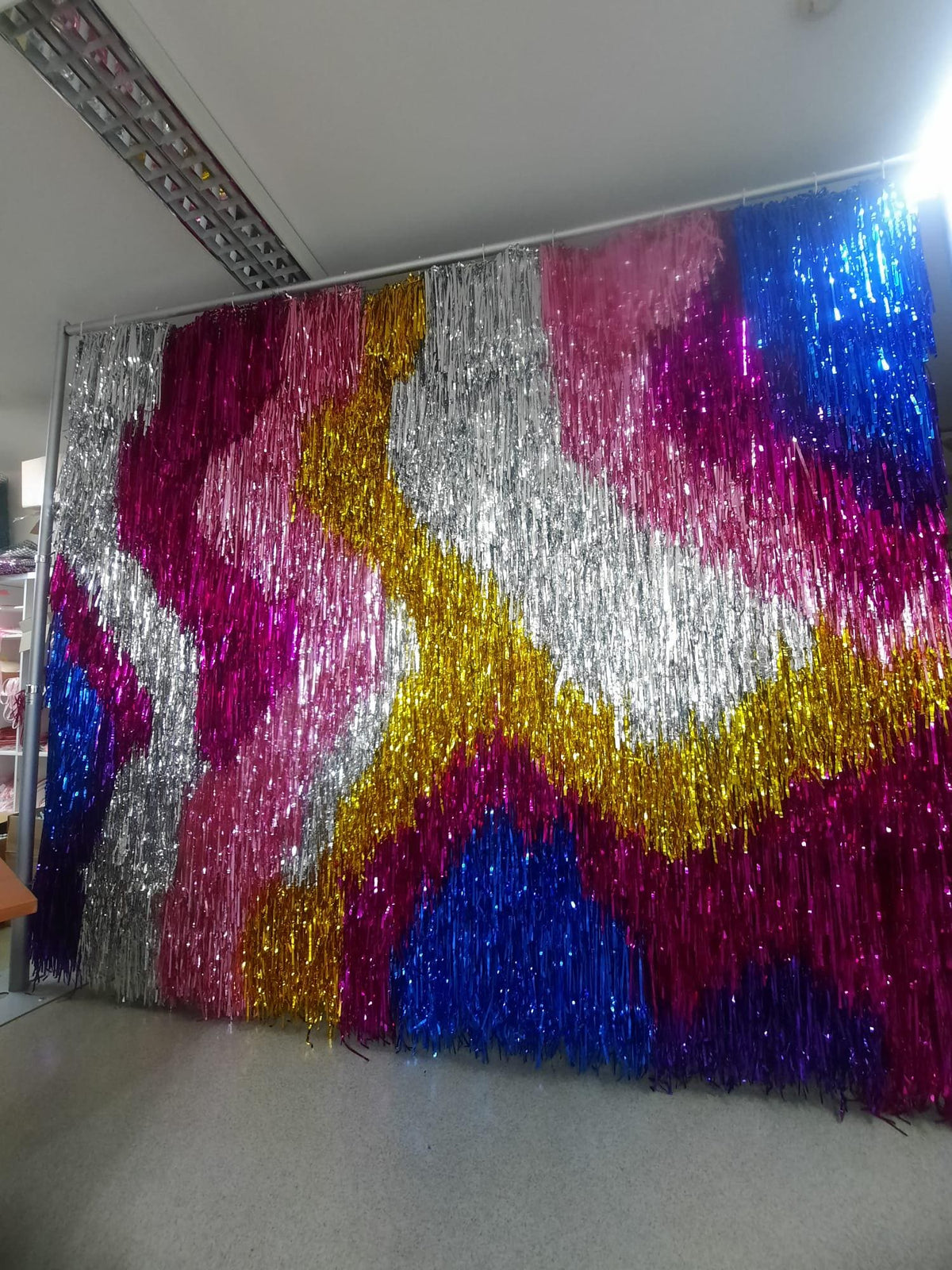Handmade Metallic Fringe Backdrop, Pink Blue Silver Party Wall, Photo Booth Decor