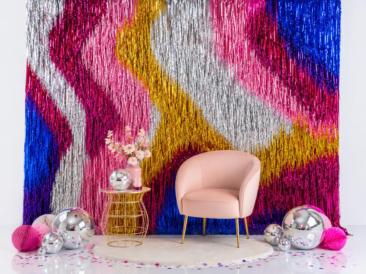 Handmade Metallic Fringe Backdrop, Pink Blue Silver Party Wall, Photo Booth Decor