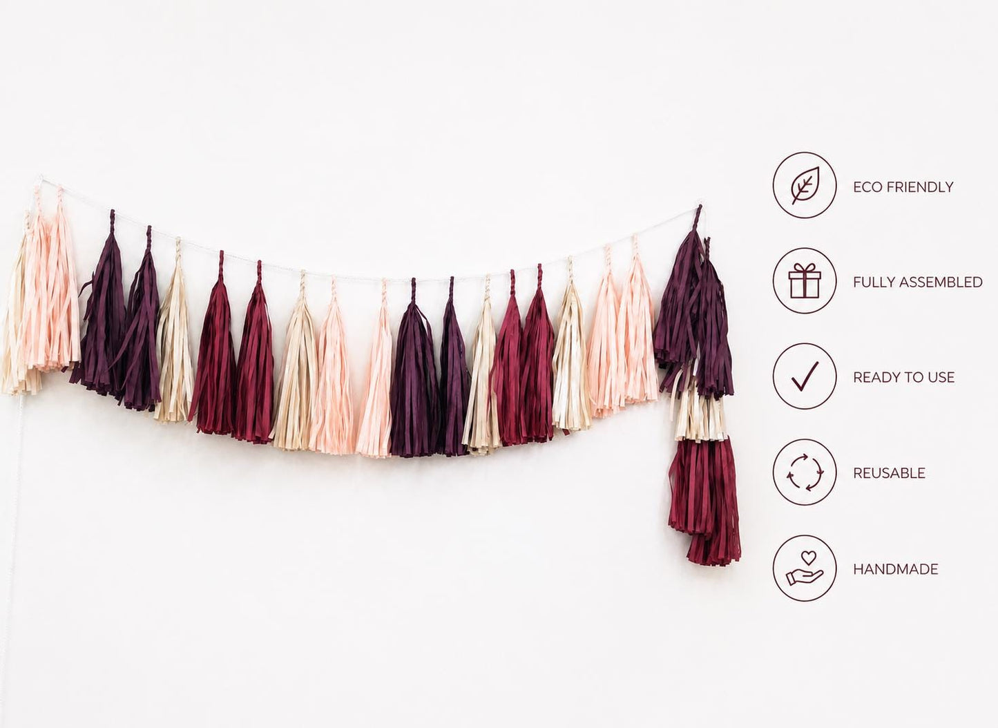 Burgundy Aubergine Tassel Garland, Champagne Dusty Pink Paper Wedding Backdrop Decor