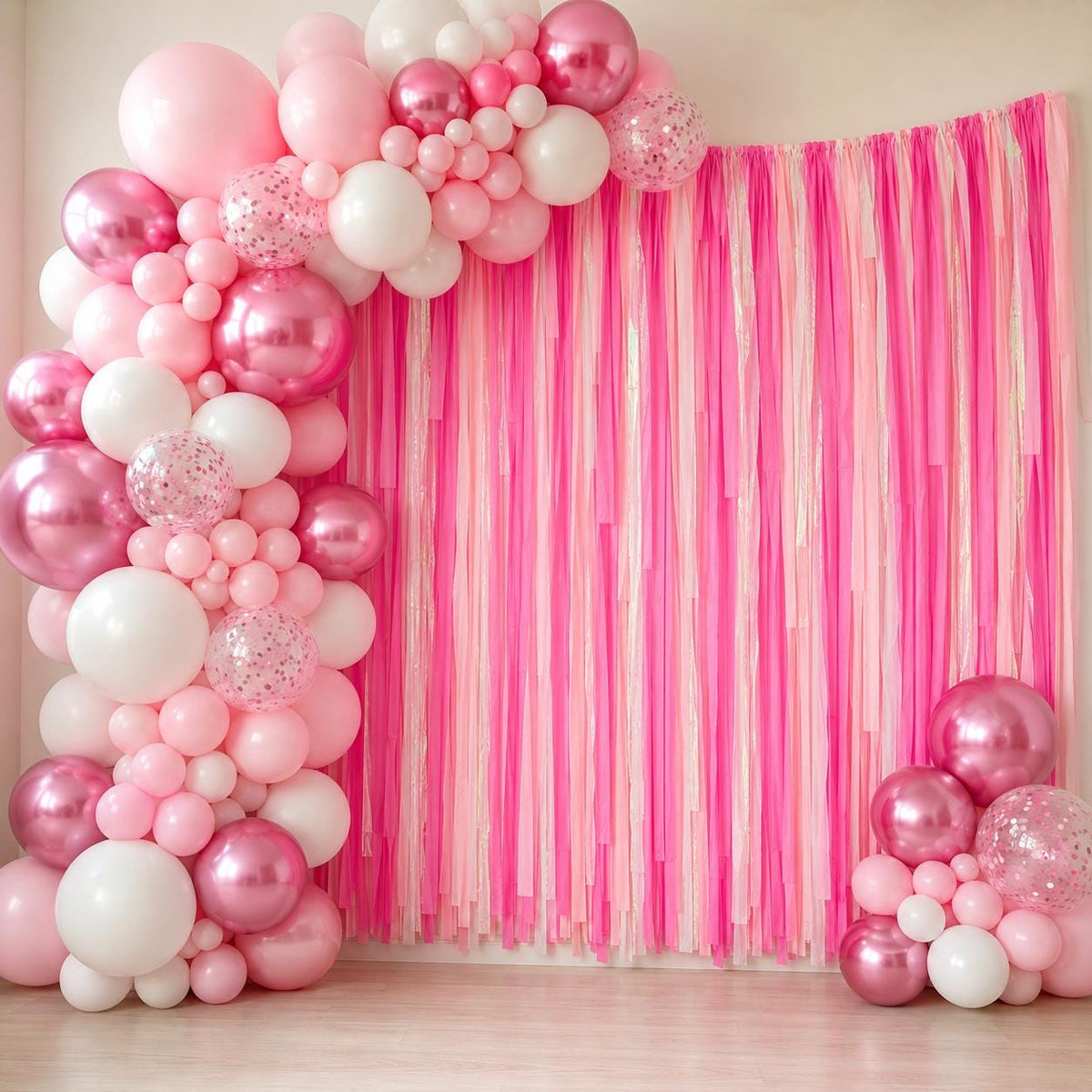 Streamer Backdrop, Fringe Backdrop, Baby Shower Decorations, Photo Backdrop, Birthday Party, Pink and White, Iridescent Party Decor