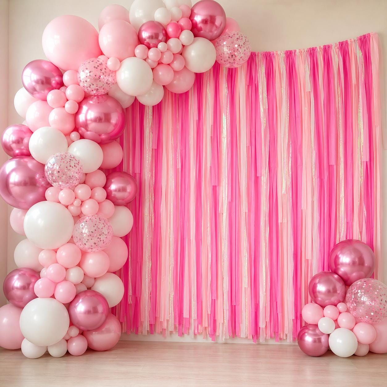 Streamer Backdrop, Fringe Backdrop, Baby Shower Decorations, Photo Backdrop, Birthday Party, Pink and White, Iridescent Party Decor