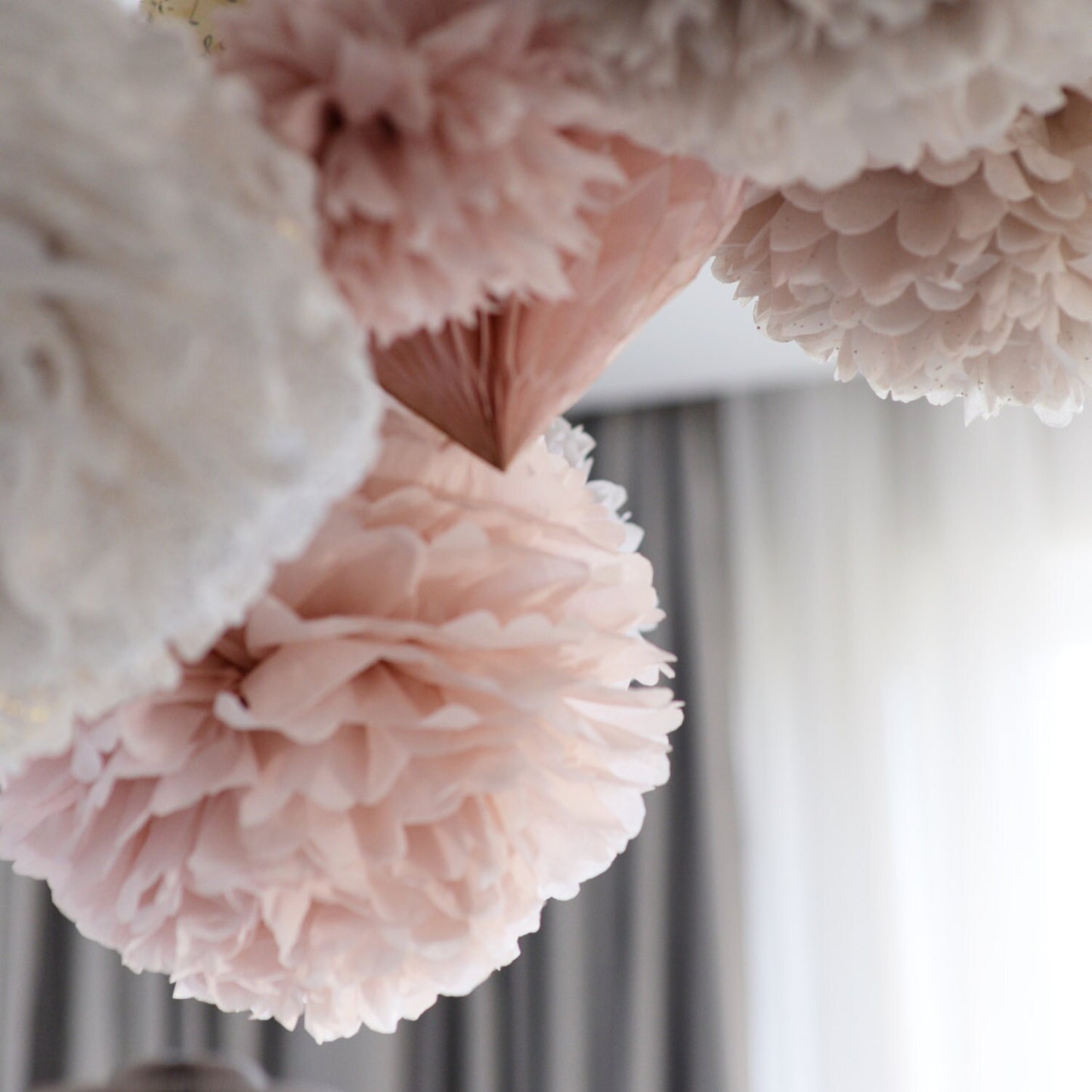 Blush and  champagne Tissue Paper Poms, paper flowers, boho wedding baby shower bridal shower paper decorations