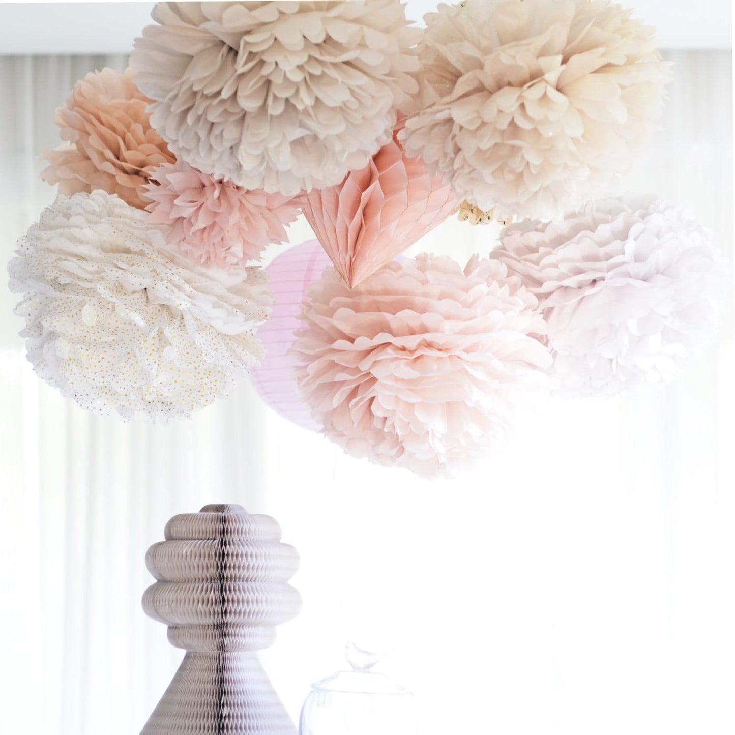 Blush and  champagne Tissue Paper Poms, paper flowers, boho wedding baby shower bridal shower paper decorations