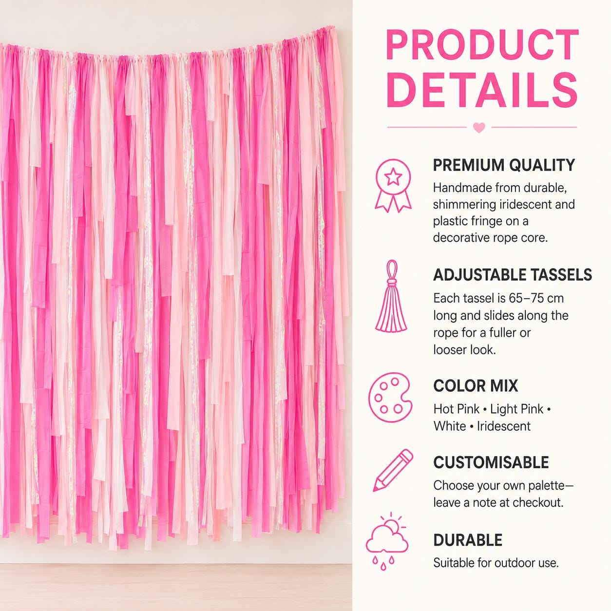 Streamer Backdrop, Fringe Backdrop, Baby Shower Decorations, Photo Backdrop, Birthday Party, Pink and White, Iridescent Party Decor