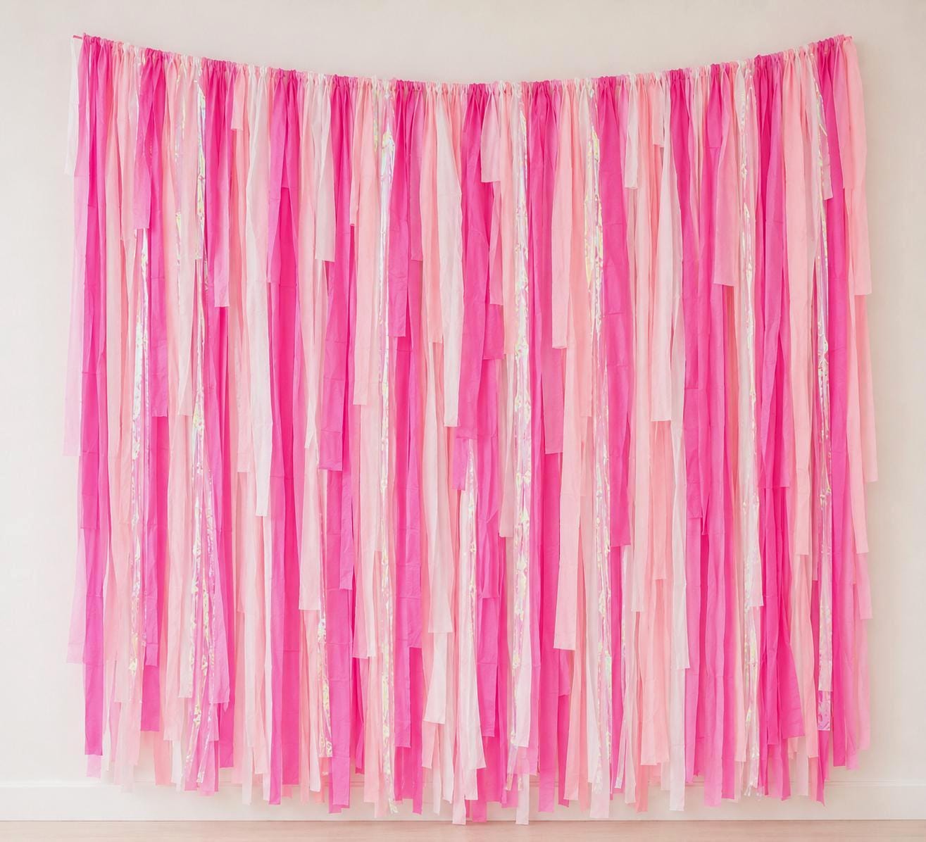 Streamer Backdrop, Fringe Backdrop, Baby Shower Decorations, Photo Backdrop, Birthday Party, Pink and White, Iridescent Party Decor