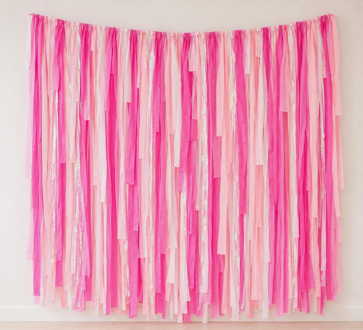 Streamer Backdrop, Fringe Backdrop, Baby Shower Decorations, Photo Backdrop, Birthday Party, Pink and White, Iridescent Party Decor