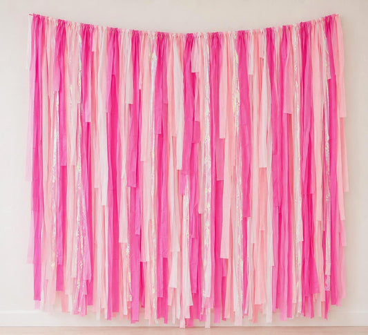 Streamer Backdrop, Fringe Backdrop, Baby Shower Decorations, Photo Backdrop, Birthday Party, Pink and White, Iridescent Party Decor