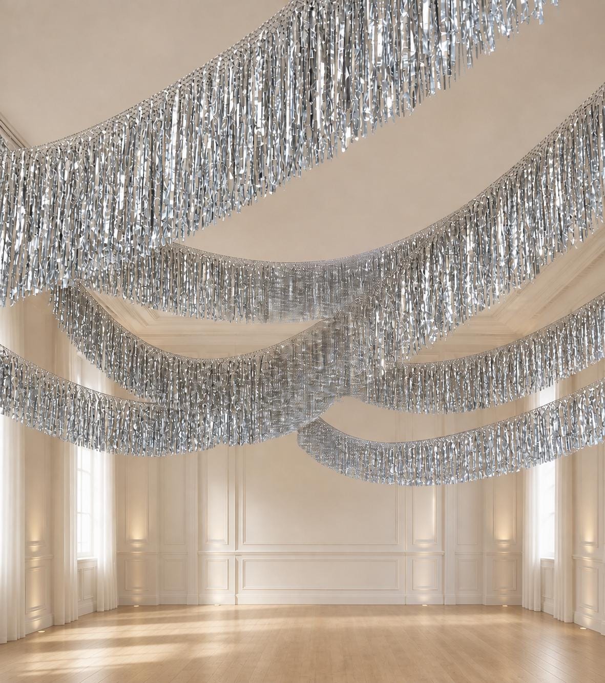 Silver Fringe Garland, Ceiling Aerials, Streamer Backdrop, Metallic Party Decorations, Birthday Decor, New Year Party, Photo Backdrop